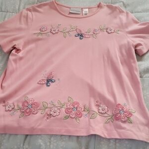 Alfred Dunner Pink Floral Embroidered Tee